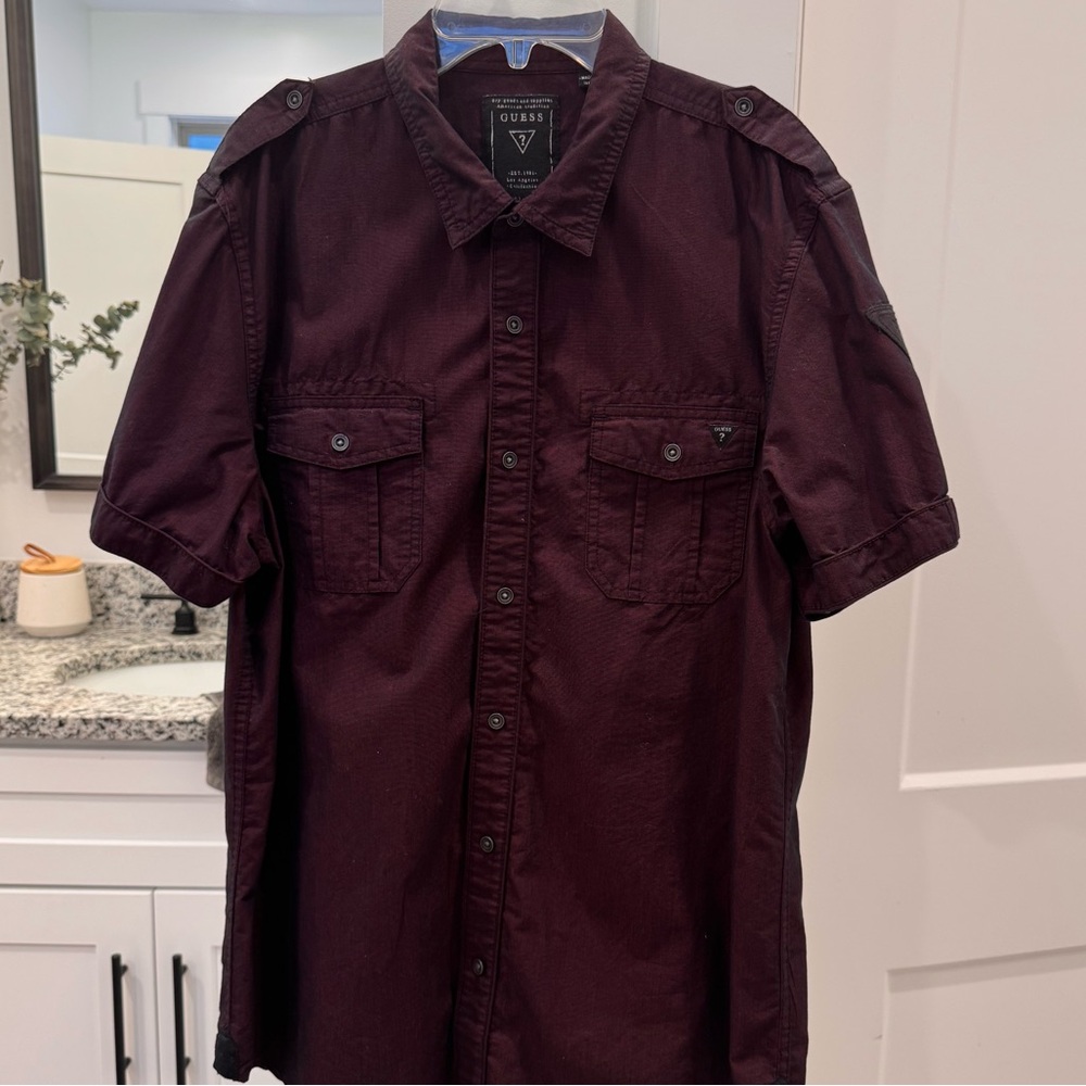 GUESS Men's Burgundy Button Down Shirt Size Large
